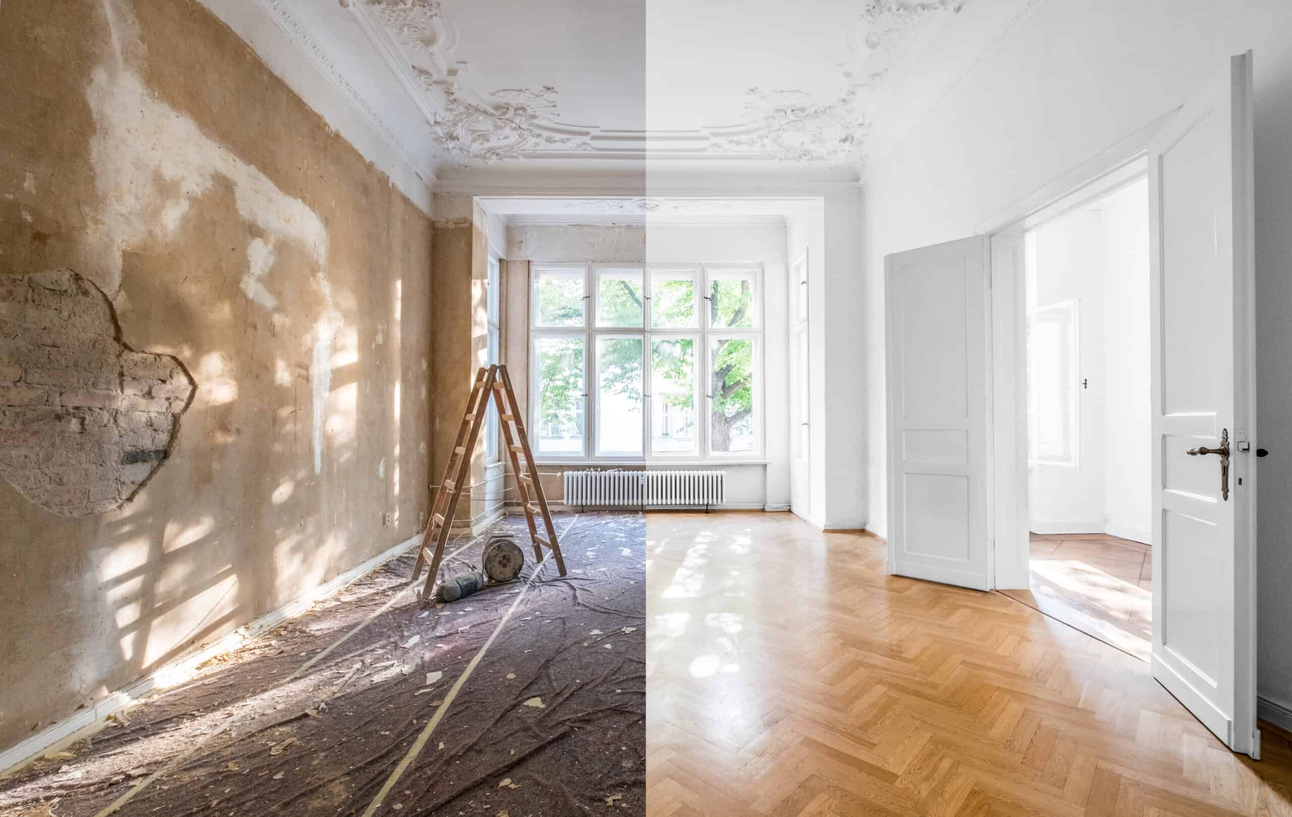 A split-view image of a home interior showing a renovation in progress on one side and a fully finished, remodeled space on the other, representing the benefits of a 203K rehab loan.