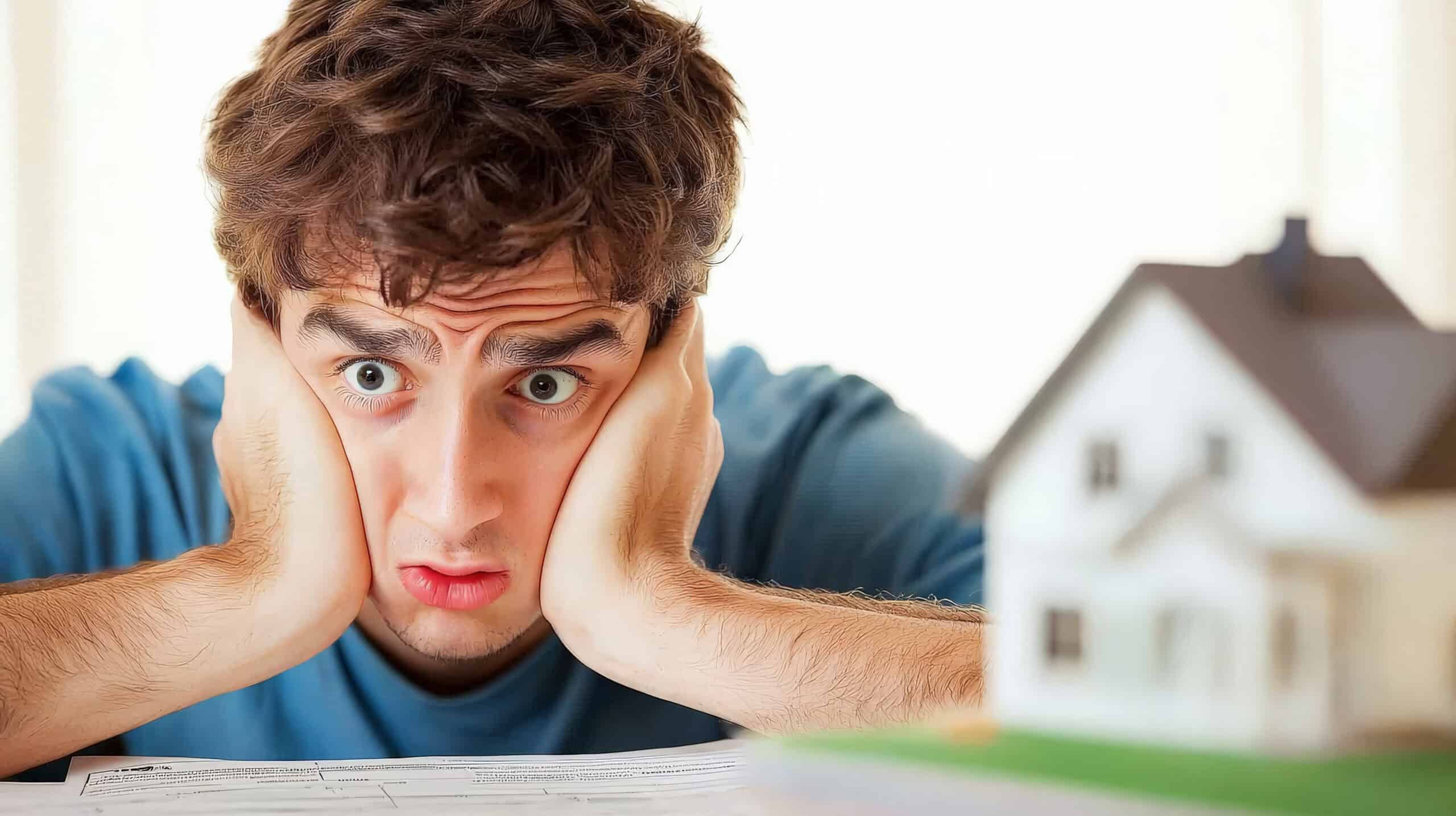 A young man looks stressed while reviewing mortgage documents, with a small house model in the foreground, symbolizing home affordability concerns.