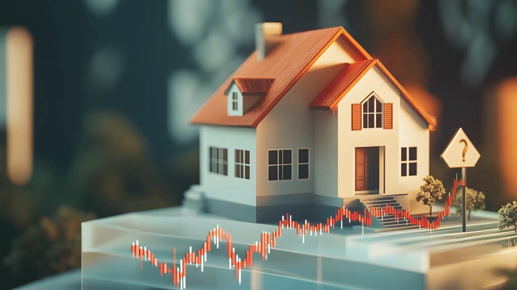 A miniature house with a fluctuating stock market graph overlay, symbolizing real estate trends, investment risks, and housing market uncertainty.