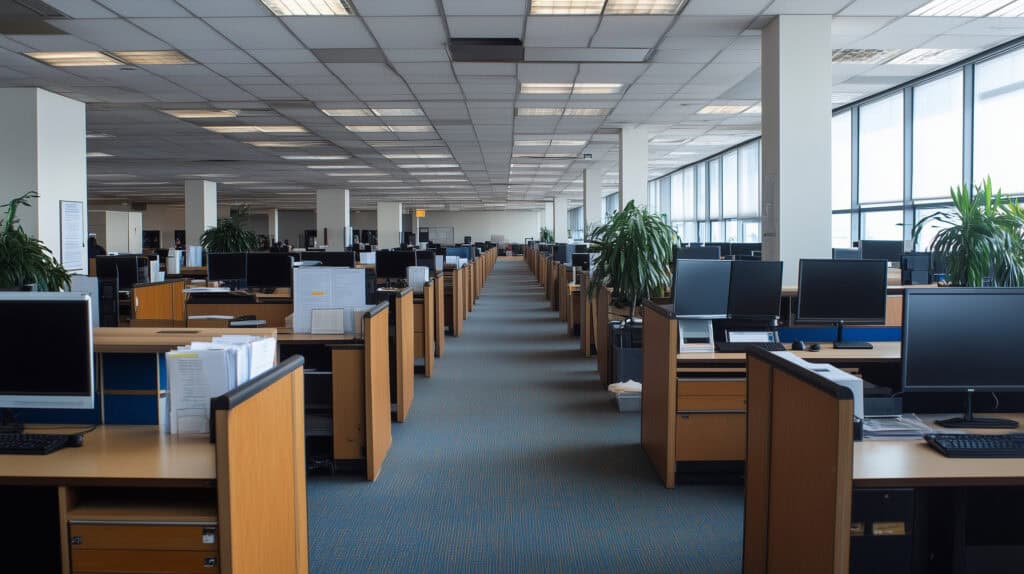 An empty office space with rows of vacant desks and computers, symbolizing workforce reductions and operational slowdowns at HUD.