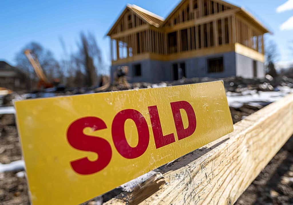 A "SOLD" sign in front of a partially constructed new home, symbolizing the booming housing market and homeownership success.