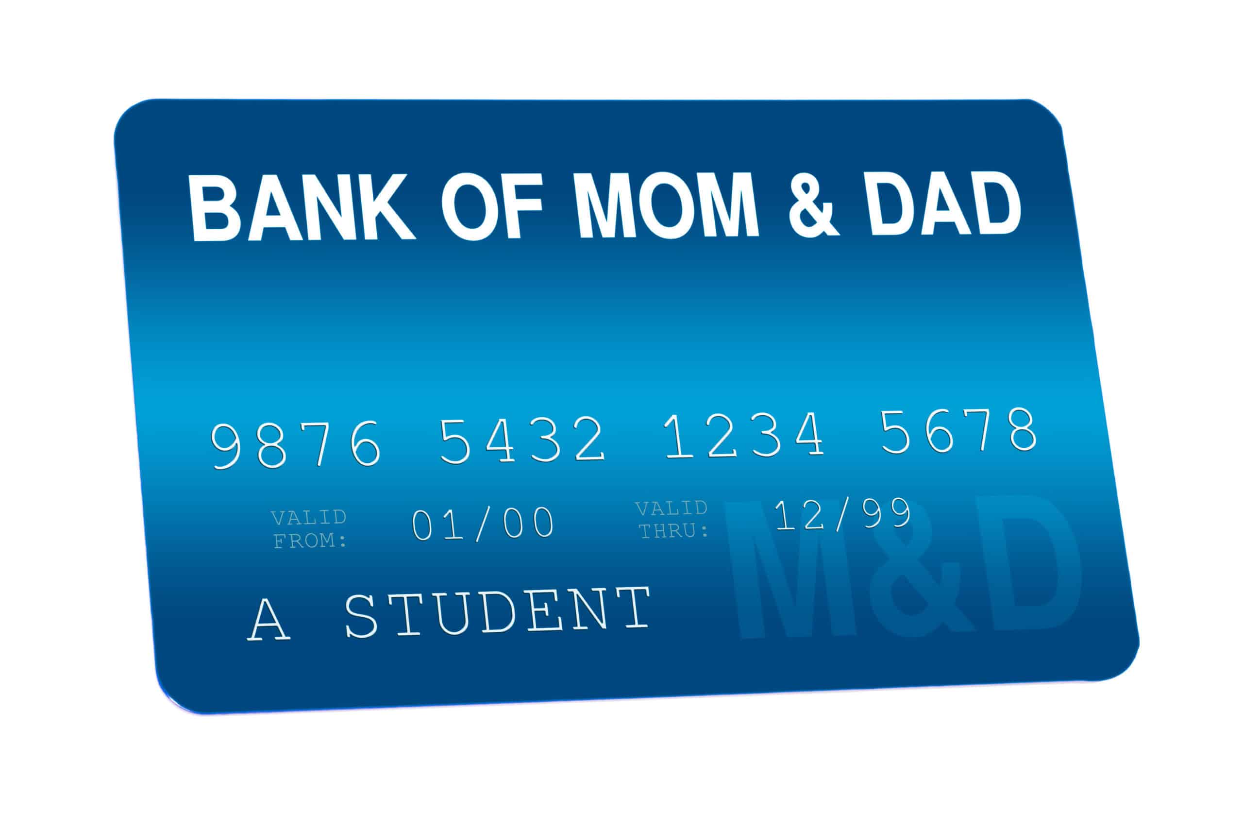 A blue credit card mock-up labeled "Bank of Mom & Dad," symbolizing parental financial support for young adults and first-time homebuyers.