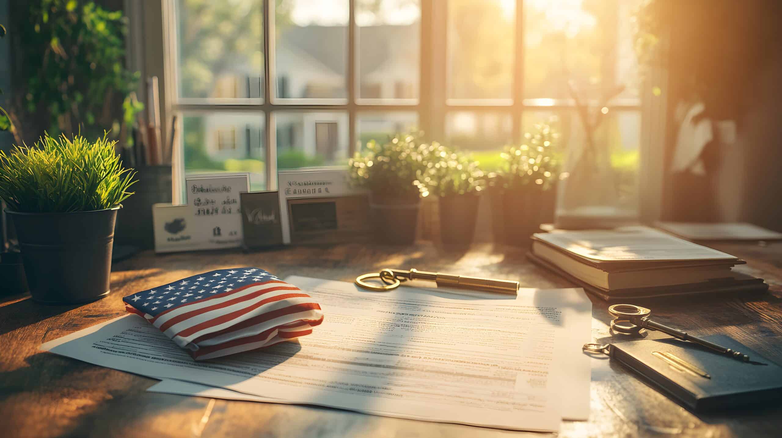 A folded American flag on top of a home loan document, with a vintage key and paperwork on a wooden desk, symbolizing VA home loans and military homeownership benefits.