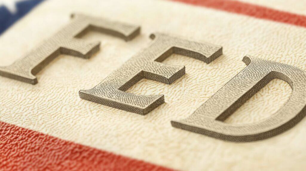 Close-up of the word "FED" on textured paper with U.S. flag elements, symbolizing the Federal Reserve's May 2025 policy decision