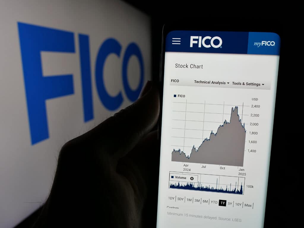 Hand holding phone with FICO stock chart showing sharp decline in early 2025.