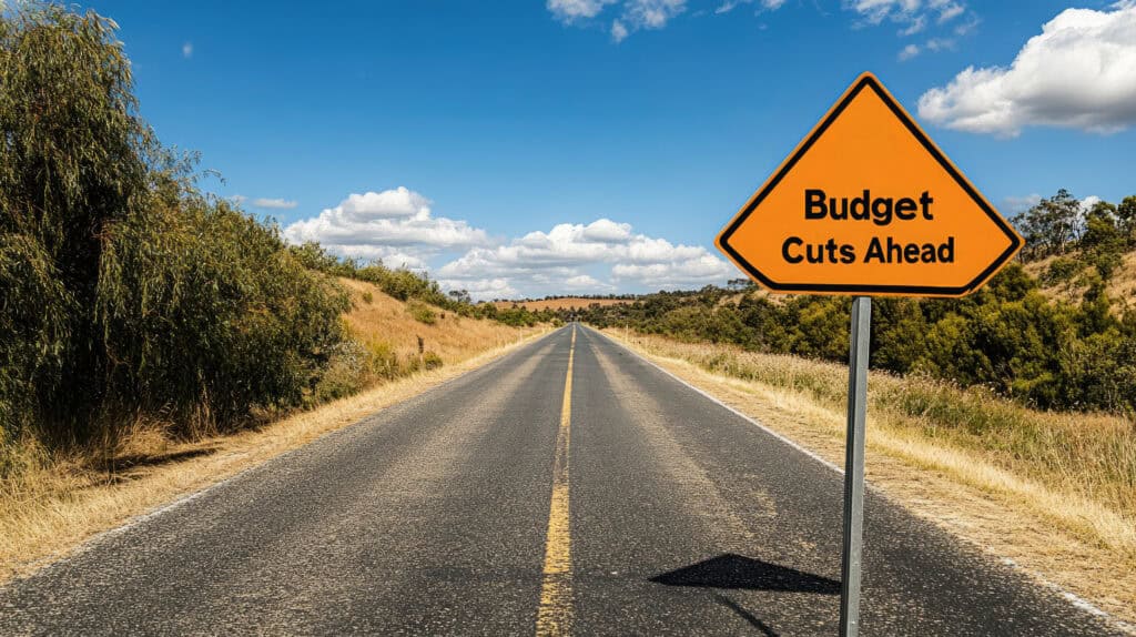 Roadside warning sign reading “Budget Cuts Ahead” symbolizing federal housing program reductions