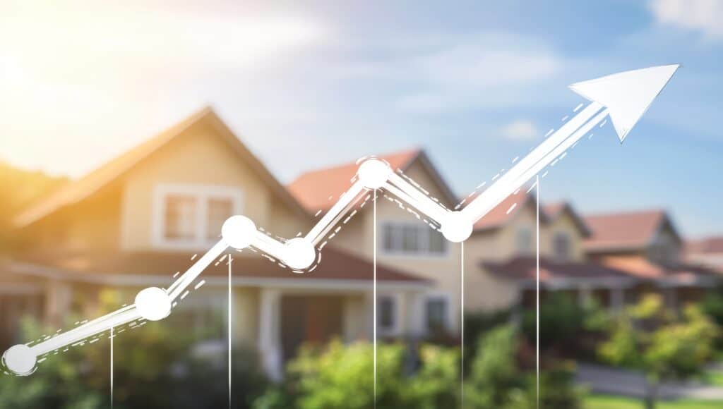 Stylized rising line chart over suburban homes illustrating growing area median income limits